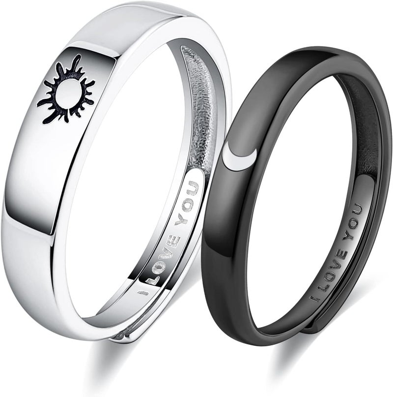 Beydodo 925 Silver Rings Custom Adjustable Sun and Moon Matching Rings Engraved I Love You Couples Rings Wedding - Image 1